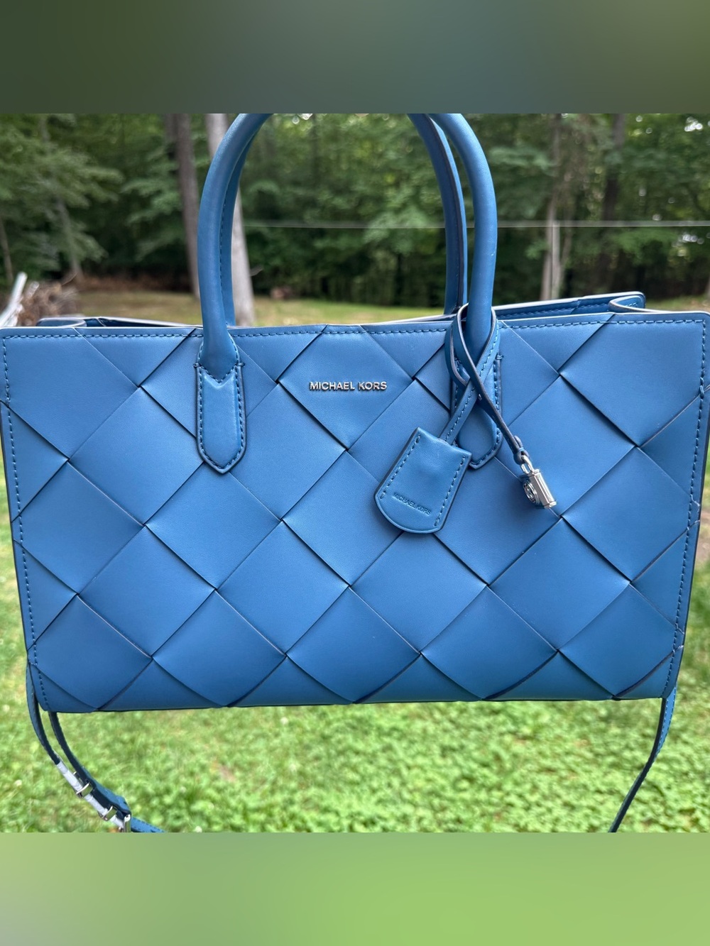 Michael Kors Scarlett blue woven satchel